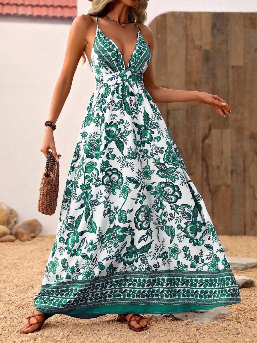 10 Rochie Lunga Zya Alba cu Print Floral Verde - imagine 1