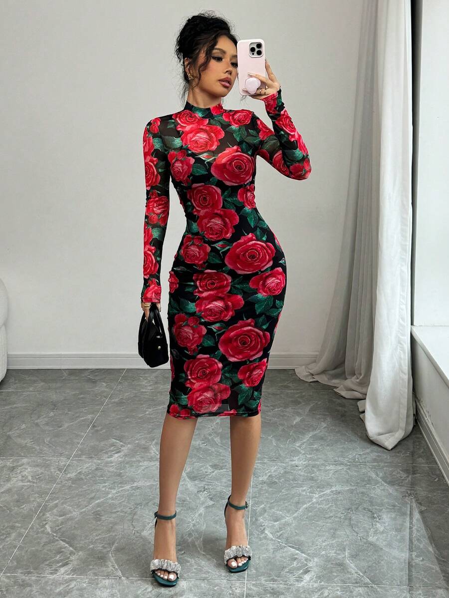 Agnes 1 Rochie Scurta Agnes Neagra cu Print Floral Rosu - imagine 1