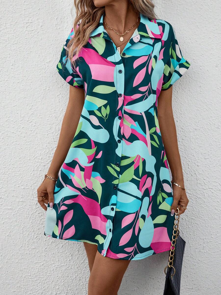 Maria 1 Rochie Scurta Maria Verde cu Print Roz si Turcoaz - imagine 1