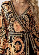 Rochie Lunga Selya Bej cu Print Negru - imagine 3