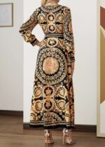 Rochie Lunga Selya Bej cu Print Negru - imagine 2