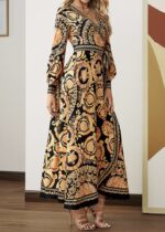 Rochie Lunga Selya Bej cu Print Negru - imagine 4