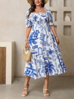 Rochie Midi Alizea Alba cu Print Albastru - Marimi Mari