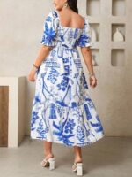 Rochie Midi Alizea Alba cu Print Albastru - Marimi Mari - imagine 2