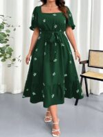 Rochie Midi Caldera Verde cu Print Floral Alb - Marimi Mari