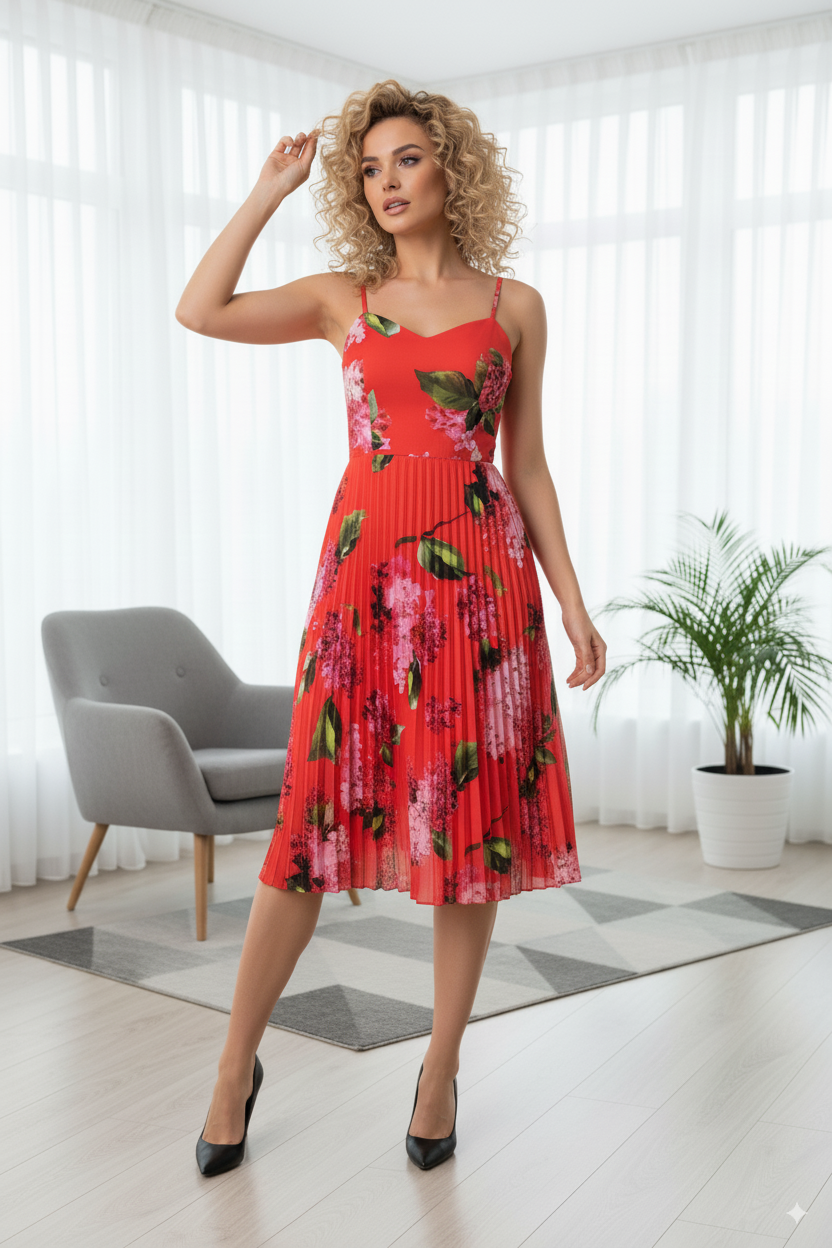 1120 Rochie Midi cu pliuri si bretele Dabia Rosie cu flori roz si frunze verzi - imagine 1