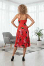 Rochie Midi cu pliuri si bretele Dabia Rosie cu flori roz si frunze verzi - imagine 2