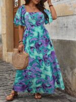 Rochie Lunga Briar Turcoaz cu Print Floral Mov - Marimi Mari