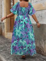 Rochie Lunga Briar Turcoaz cu Print Floral Mov - Marimi Mari - imagine 2