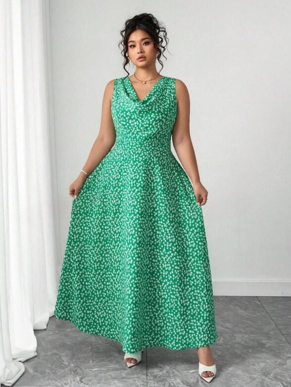 Rochie Lunga Corina Verde cu Floricele Albe  - Marimi Mari