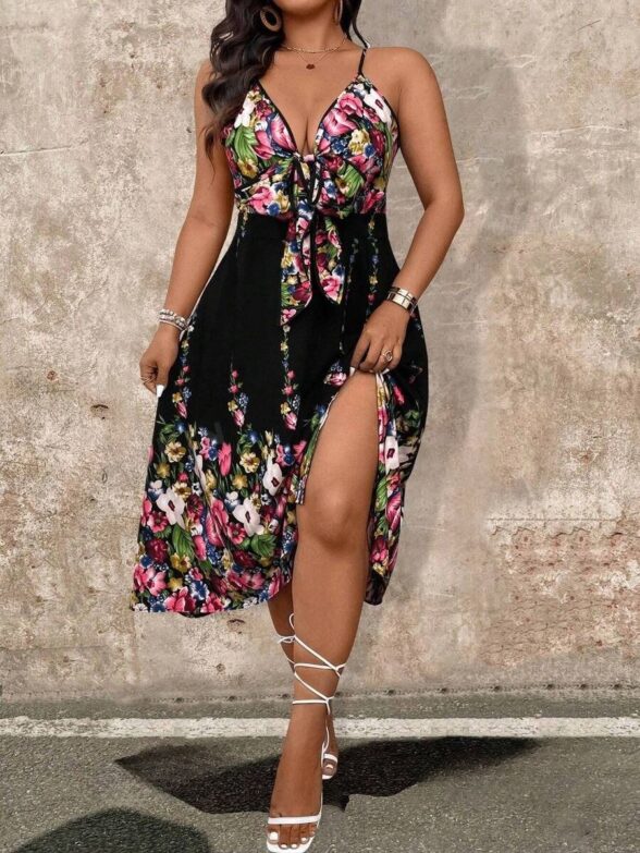 Rochie Midi Dalina Neagra cu Print Floral Multicolor - Marimi Mari
