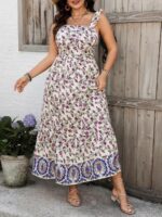 Rochie Lunga Dolores Crem cu Print Mov - Marimi Mari