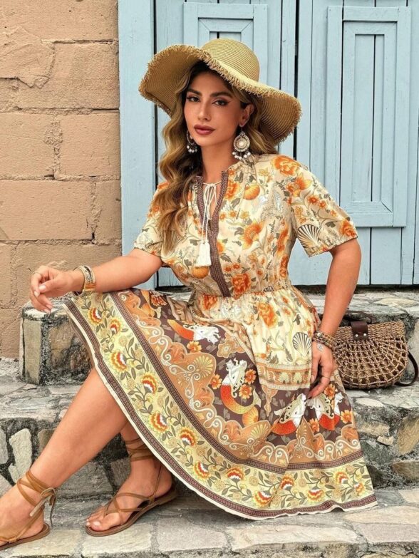 Rochie Scurta Miglena Crem cu Print Multicolor - Marimi Mari
