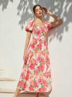 Rochie Midi Panisia Crem cu Print Floral Roz