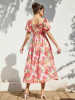 Rochie Midi Panisia Crem cu Print Floral Roz - imagine 2