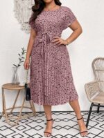 Rochie Midi Tudora Roz cu Print Negru - Marimi Mari