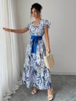 Rochie Lunga Esma Alba cu Print Albastru