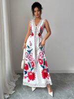Rochie Lunga Amerini Alba cu Print Rosu