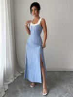 Rochie Lunga Ines Bleu cu Dungi Albe - imagine 3