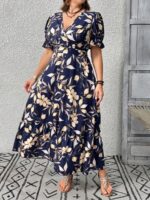 Rochie Lunga Adrina Bleumarin cu Print Crem - Marimi Mari - imagine 3