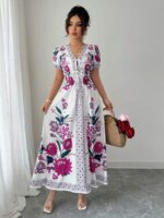 Rochie Lunga Pelin Alba cu Print Multicolor
