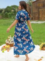 Rochie Midi Barbara Albastra cu Print Floral Roz - Marimi Mari - imagine 2