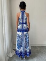 Rochie Lunga Valme Alba cu Print Albastru - imagine 2