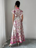 Rochie Lunga Carlina Alba cu Print Roz - imagine 2