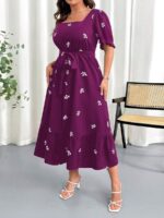 Rochie Midi Greta Violet cu Print Alb - Marimi Mari