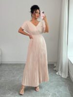 Rochie Lunga Simera Bej cu Pliuri