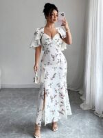 Rochie Lunga Indira Alba cu Print Floral Rosu