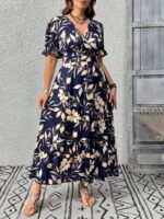 Rochie Lunga Adrina Bleumarin cu Print Crem - Marimi Mari