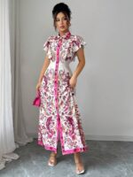 Rochie Lunga Carlina Alba cu Print Roz