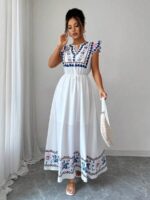 Rochie Lunga Lotty Alba cu Print Albastru