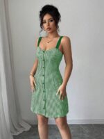 Rochie Scurta Viola Verde cu Patratele Albe - imagine 3