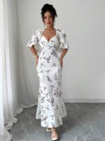 Rochie Lunga Indira Alba cu Print Floral Rosu - imagine 3