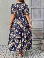 Rochie Lunga Adrina Bleumarin cu Print Crem - Marimi Mari - imagine 2