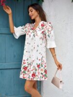 Rochie Scurta Kira Alba cu Print Floral Multicolor - imagine 3