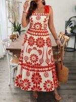 Rochie Lunga Zinna Crem cu Print Floral Portocaliu - Marimi Mari