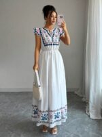 Rochie Lunga Lotty Alba cu Print Albastru - imagine 3