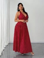 Rochie Lunga Madrid Rosie cu Buline Albe - Marimi Mari - imagine 3