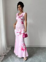 Rochie Lunga Inken Roz cu Print Floral - imagine 4