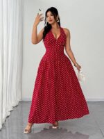 Rochie Lunga Madrid Rosie cu Buline Albe - Marimi Mari
