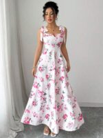 Rochie Lunga Flavia Alba cu Print Floral Roz - imagine 3