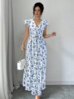 Rochie Lunga Blanca Alba cu Print Floral Albastru
