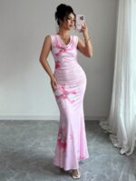 Rochie Lunga Inken Roz cu Print Floral - imagine 3