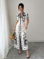 Rochie Lunga Casia Alba cu Print Negru