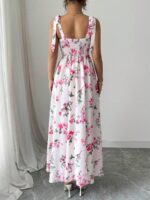 Rochie Lunga Flavia Alba cu Print Floral Roz - imagine 2