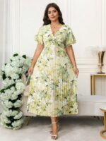 Rochie Midi Gizela Vernil Inflorata cu Pliuri - Marimi Mari - imagine 3