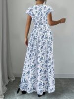 Rochie Lunga Blanca Alba cu Print Floral Albastru - imagine 2